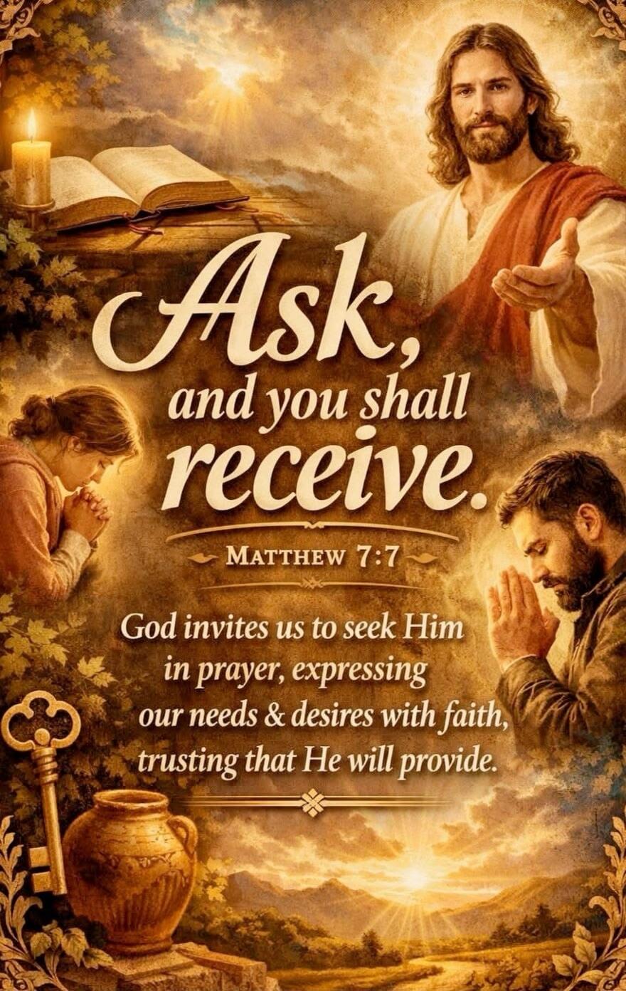 Ask, and you shall receive. Matthew 7:7. God invites us to seek Him in prayer, expressing our needs and desires with faith, trusting that He will provide.