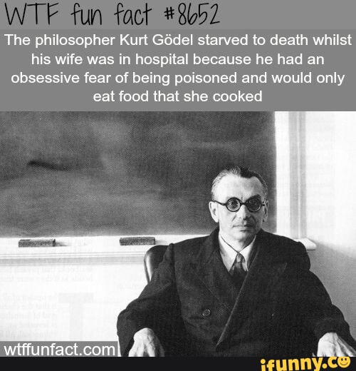 The philosopher Kurt Godel starved to death whilst his wife was in hospital because he had an obsessive fear of being poisoned and would only CERCLLRGE ERCLIED wiffunfactcom A