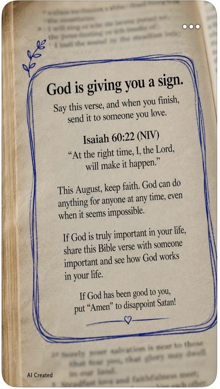 God is giving you a sign. Say this verse, and when you finish, send it to someone you love. Isaiah 60:22 (NIV) “At the right time, I, the Lord, will make it happen.” This August, keep faith. God can do anything for anyone at any time, even when it seems impossible. If God is truly important in your life, share this Bible verse with someone importan