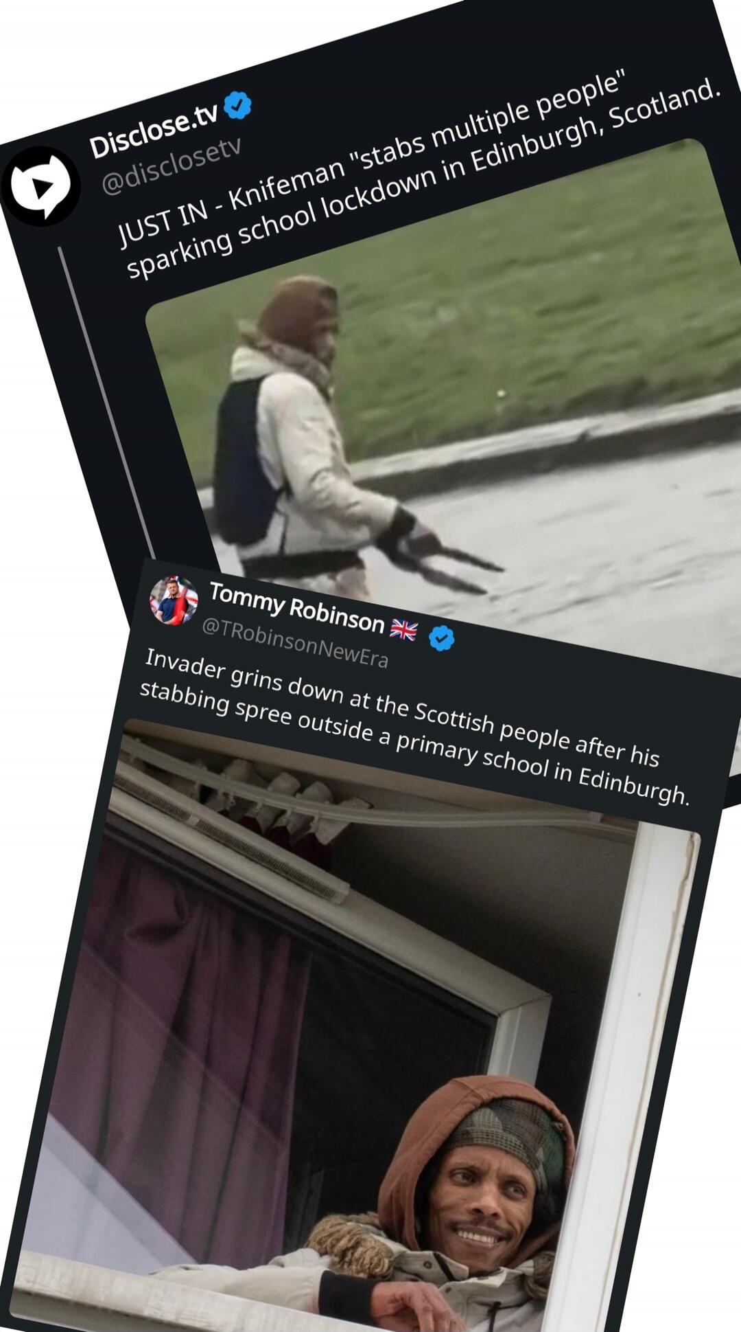 JUST IN - Knifeman 'stabs multiple people' sparking school lockdown in Edinburgh, Scotland.
Invader grins down at the Scottish people after his stabbing spree outside a primary school in Edinburgh.