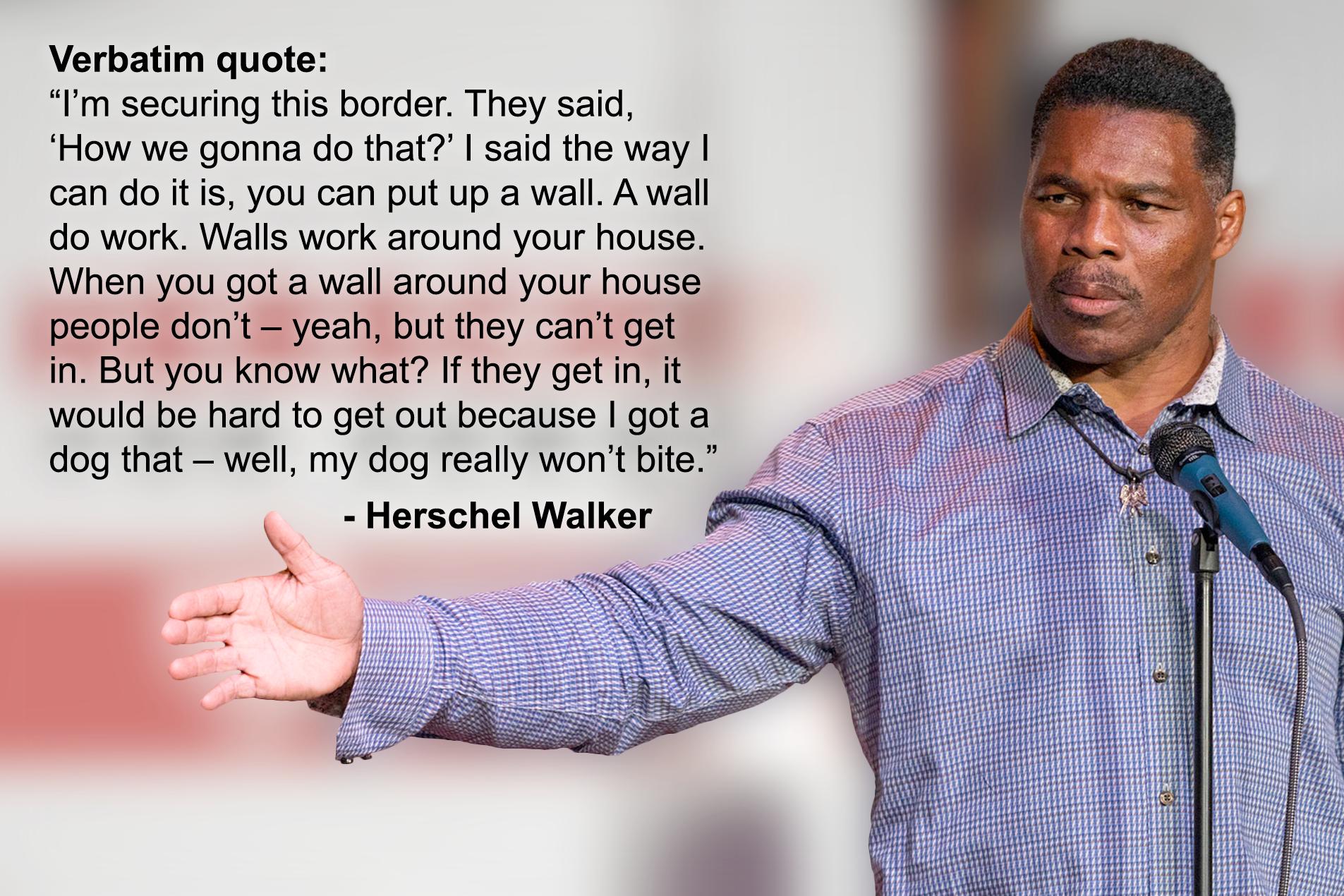 Verbatim quote m securing this border They said How we gonna do that said the way can do it s you can put up a wal Awall o work Walls work around your house When you got a wal around your house people dont yeah but they can get in But you know what If they get n it would be hard to get out because got dog that well my dog really wont bite Herschel Walker