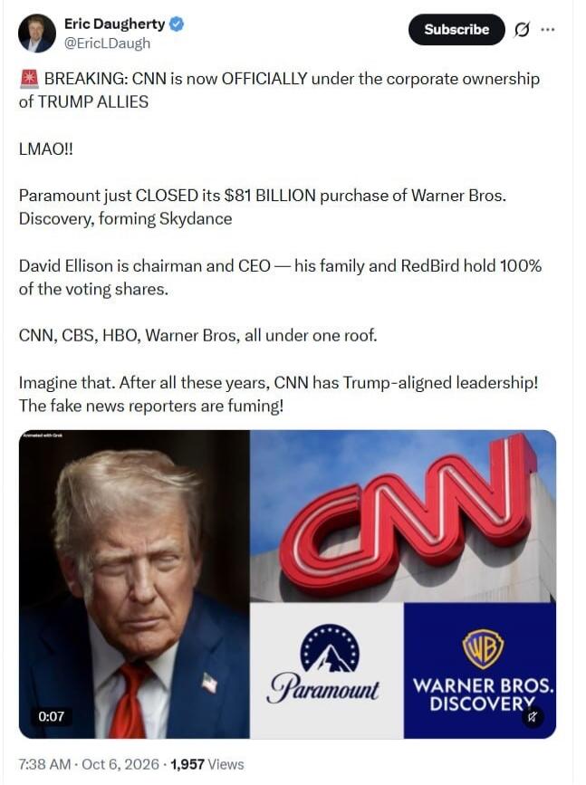 BREAKING: CNN is now OFFICIALLY under the corporate ownership of TRUMP ALLIES LMAO!! Paramount just CLOSED its $81 BILLION purchase of Warner Bros. Discovery, forming Skydance. David Ellison is chairman and CEO — his family and RedBird hold 100% of the voting shares. CNN, CBS, HBO, Warner Bros, all under one roof. Imagine that. After all these year