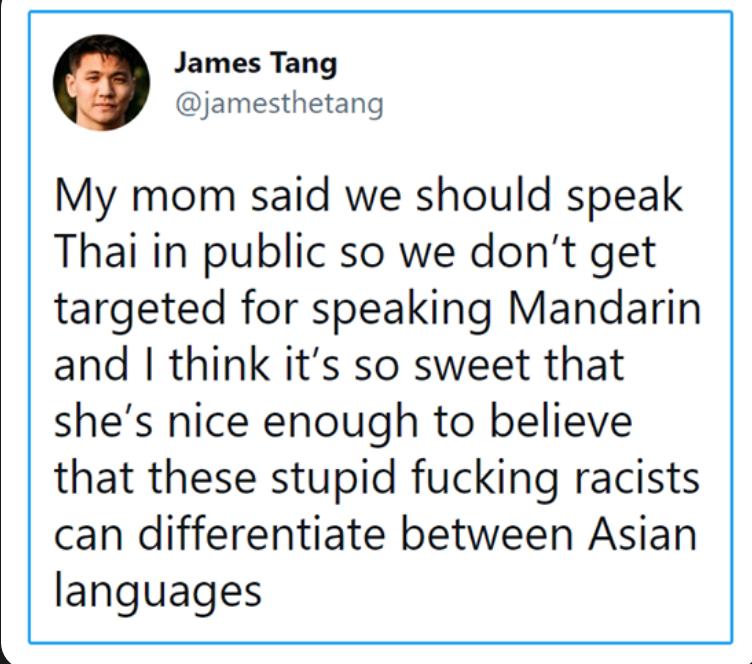 James Tang jamesthetang My mom said we should speak Thai in public so we dont get targeted for speaking Mandarin and think its so sweet that shes nice enough to believe that these stupid fucking racists can differentiate between Asian languages