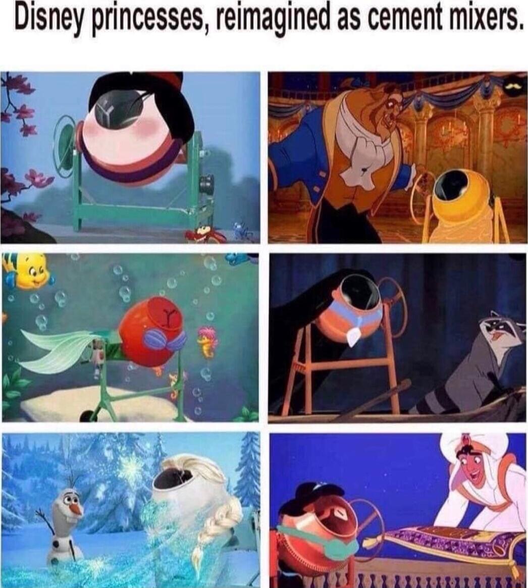 Disney princesses reimagined as cement mixers