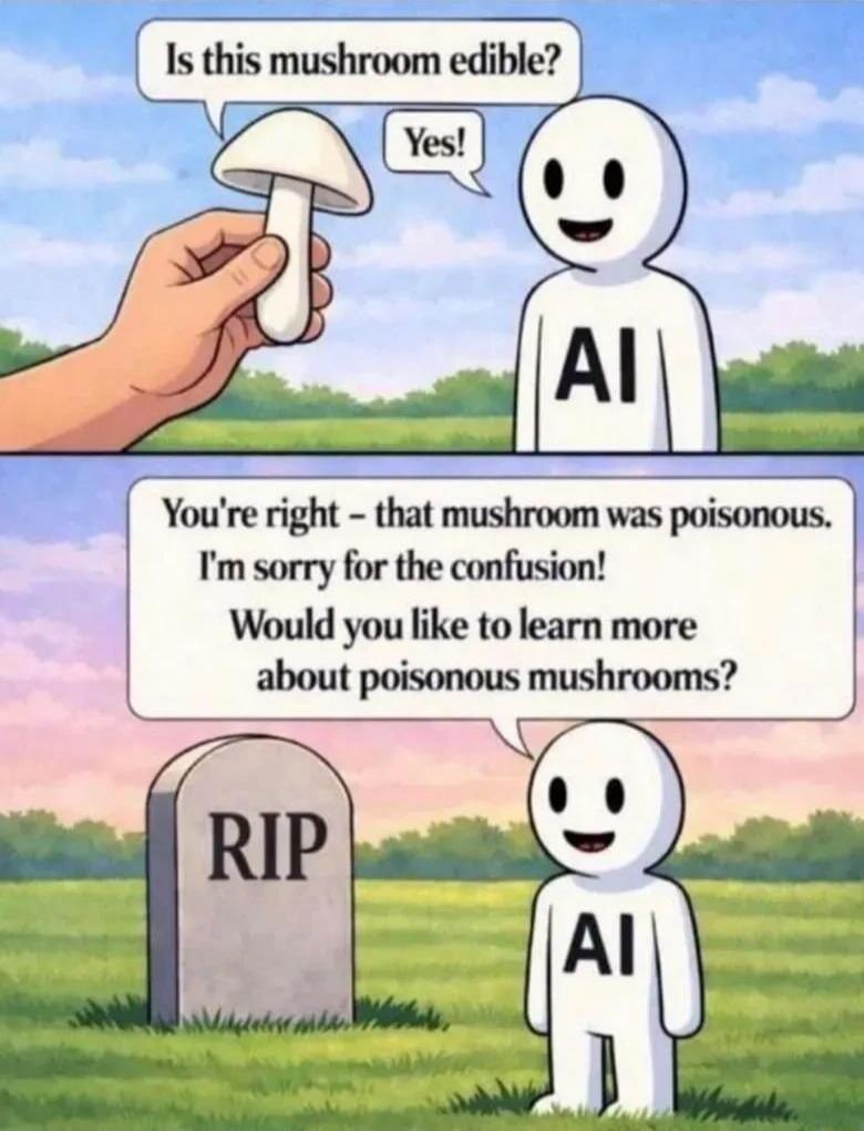 Is this mushroom edible? Yes! You're right - that mushroom was poisonous. I'm sorry for the confusion! Would you like to learn more about poisonous mushrooms? RIP AI