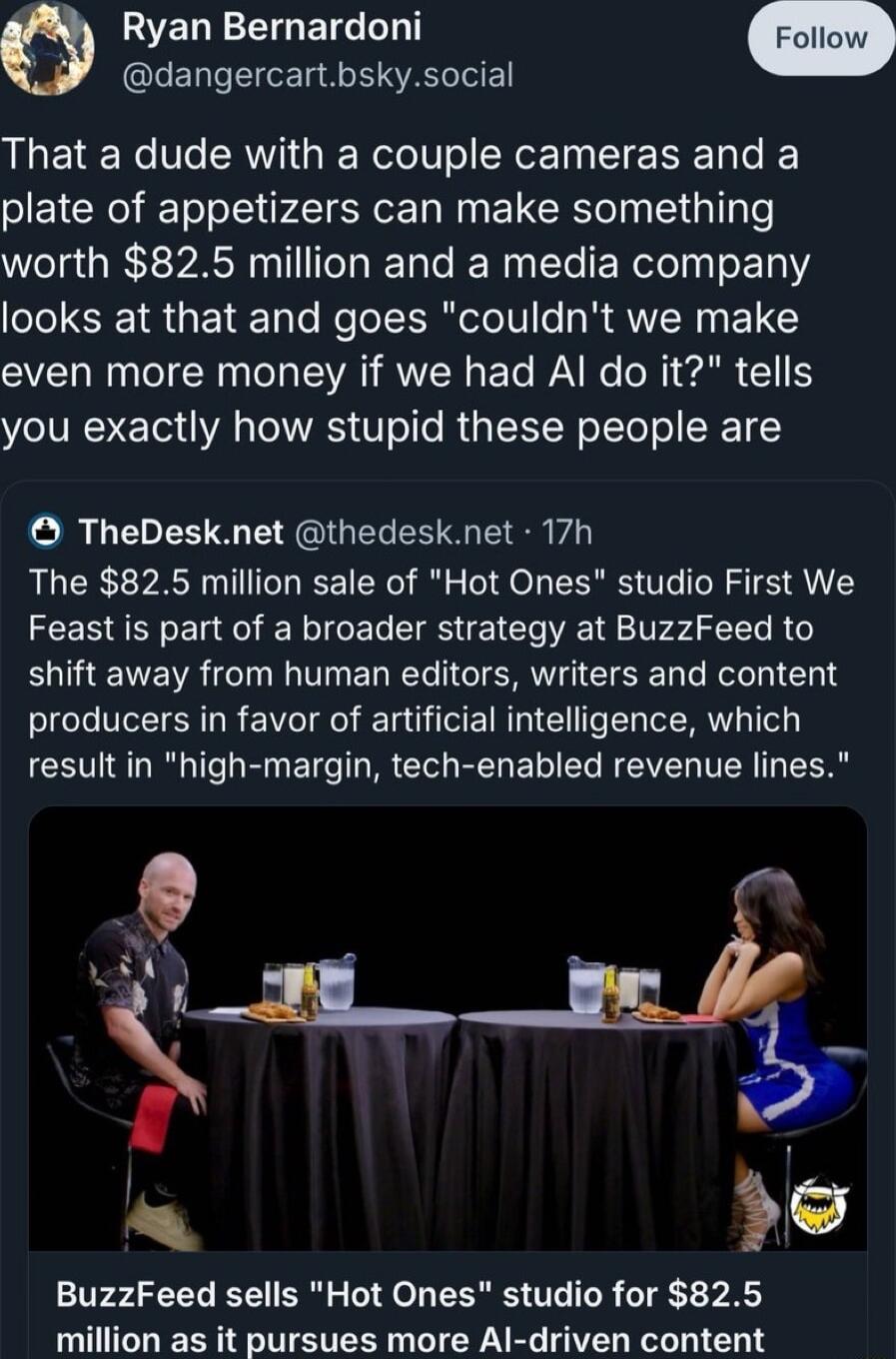 EREEIOETG dangercartbskysocial That a dude with a couple cameras and a plate of appetizers can make something worth 825 million and a media company looks at that and goes couldnt we make even more money if we had Al do it tells you exactly how stupid these people are TheDesknet thedesknet 17h The 825 million sale of Hot Ones studio First We Feast is part of a broader strategy at BuzzFeed to shift 