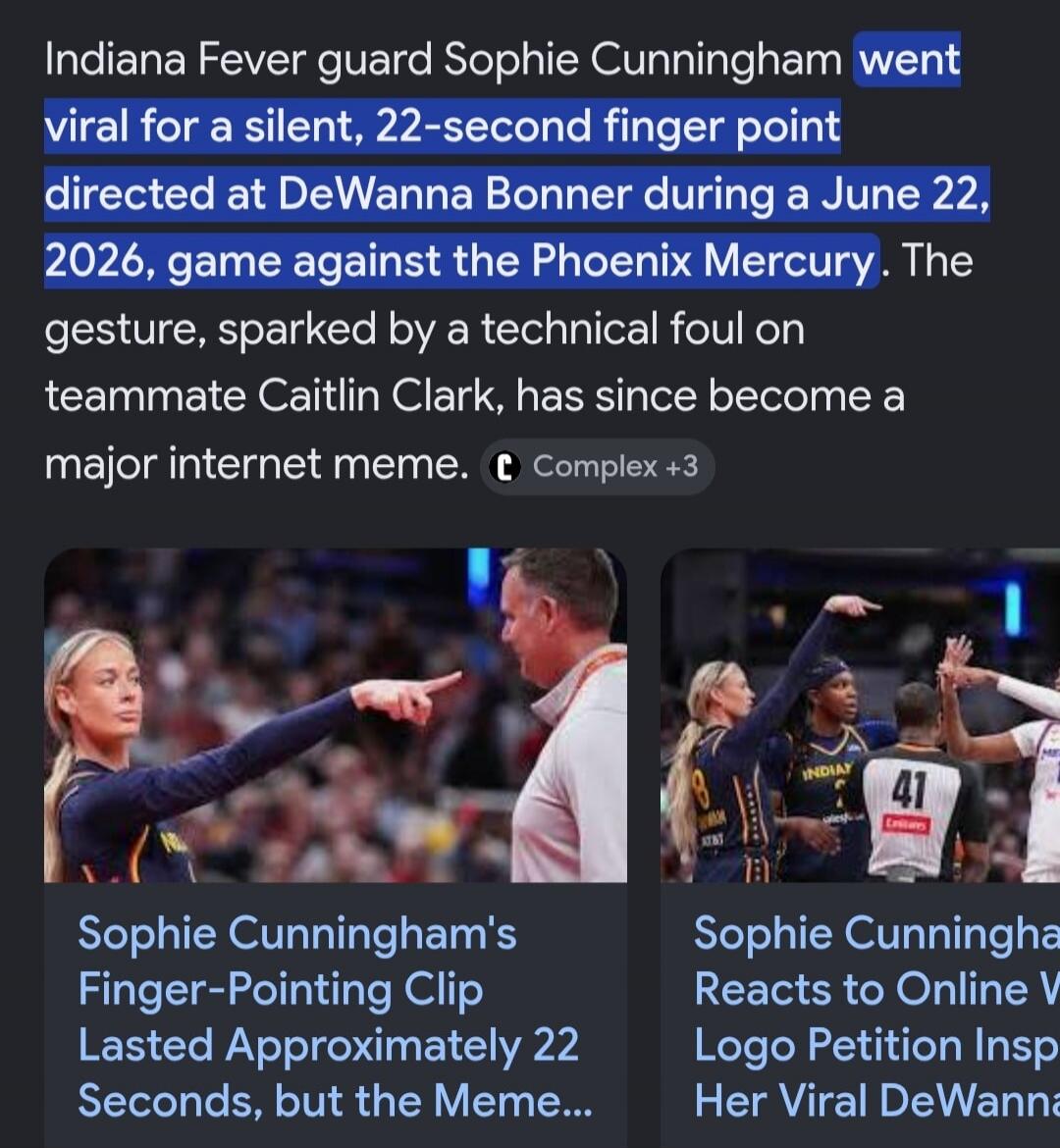 Indiana Fever guard Sophie Cunningham went viral for a silent, 22-second finger point directed at DeWanna Bonner during a June 22, 2026, game against the Phoenix Mercury. The gesture, sparked by a technical foul on teammate Caitlin Clark, has since become a major internet meme. Sophie Cunningham's Finger-Pointing Clip Lasted Approximately 22 Second