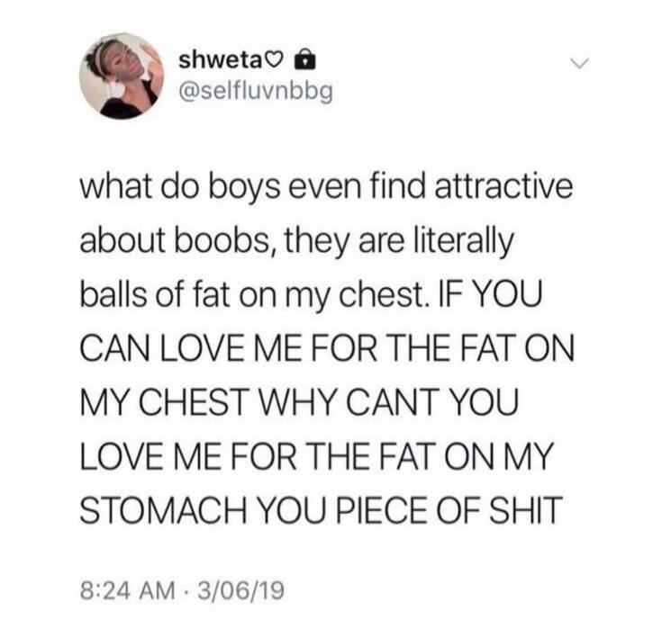 what do boys even find attractive about boobs, they are literally balls of fat on my chest. IF YOU CAN LOVE ME FOR THE FAT ON MY CHEST WHY CANT YOU LOVE ME FOR THE FAT ON MY STOMACH YOU PIECE OF SHIT