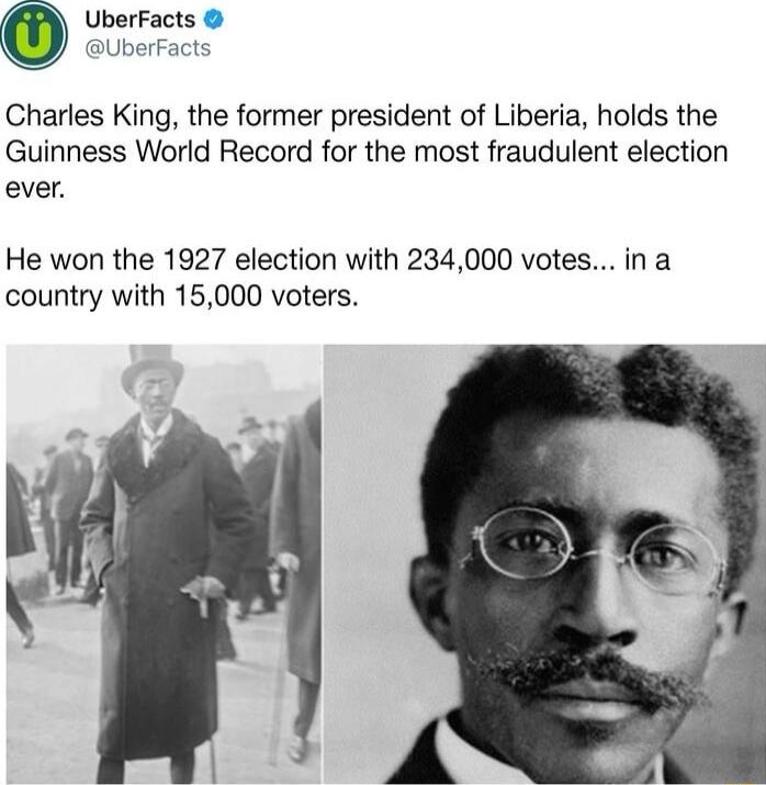 UberFacts Charles King the former president of Liberia holds the Guinness World Record for the most fraudulent election ever He won the 1927 election with 234000 votes in a country with 15000 voters