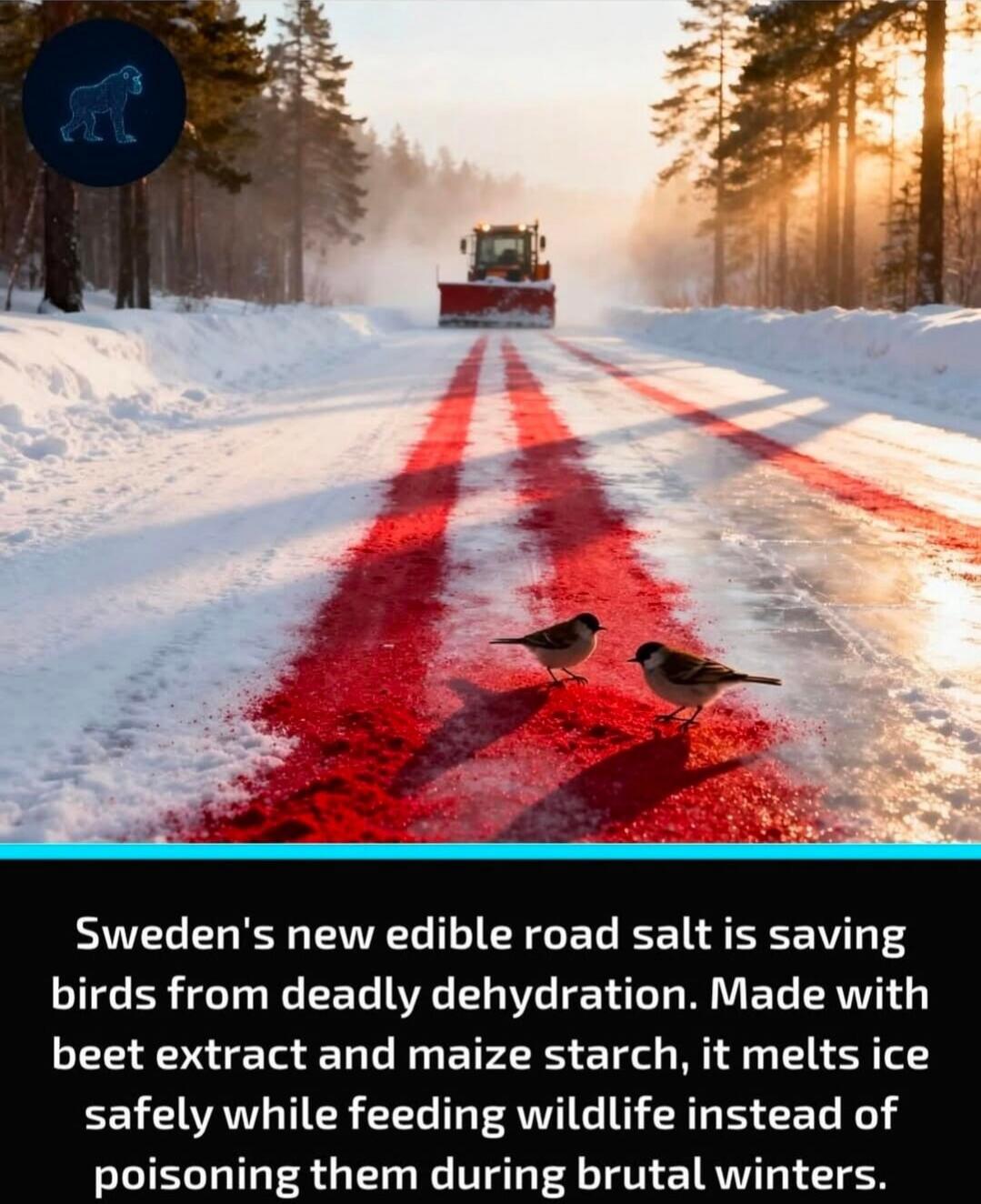 Sweden's new edible road salt is saving birds from deadly dehydration. Made with beet extract and maize starch, it melts ice safely while feeding wildlife instead of poisoning them during brutal winters.