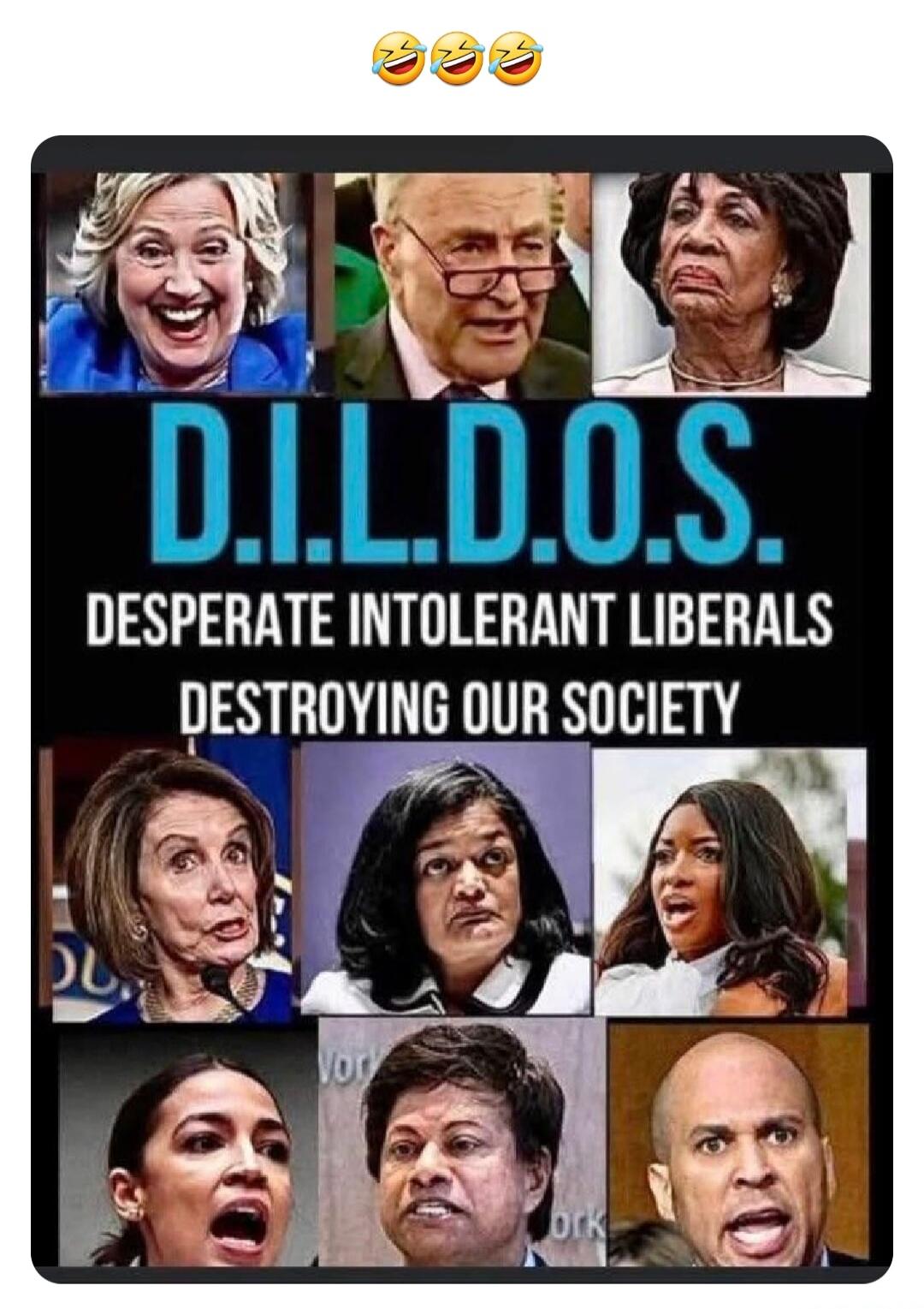 Image features a collage of various prominent liberal politicians, including Hillary Clinton, Chuck Schumer, Maxine Waters, Nancy Pelosi, Alexandria Ocasio-Cortez, with the acronym D.I.L.D.O.S. spelled out, which stands for 'Desperate Intolerant Liberals Destroying Our Society'. The image also includes laughing emojis at the top.