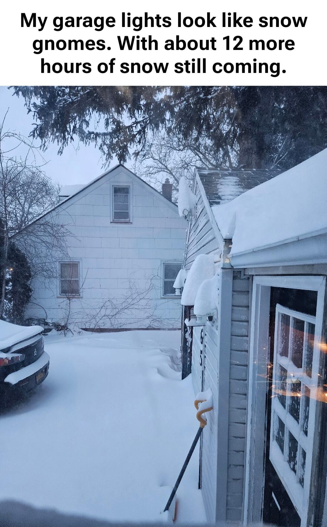 My garage lights look like snow gnomes. With about 12 more hours of snow still coming.
