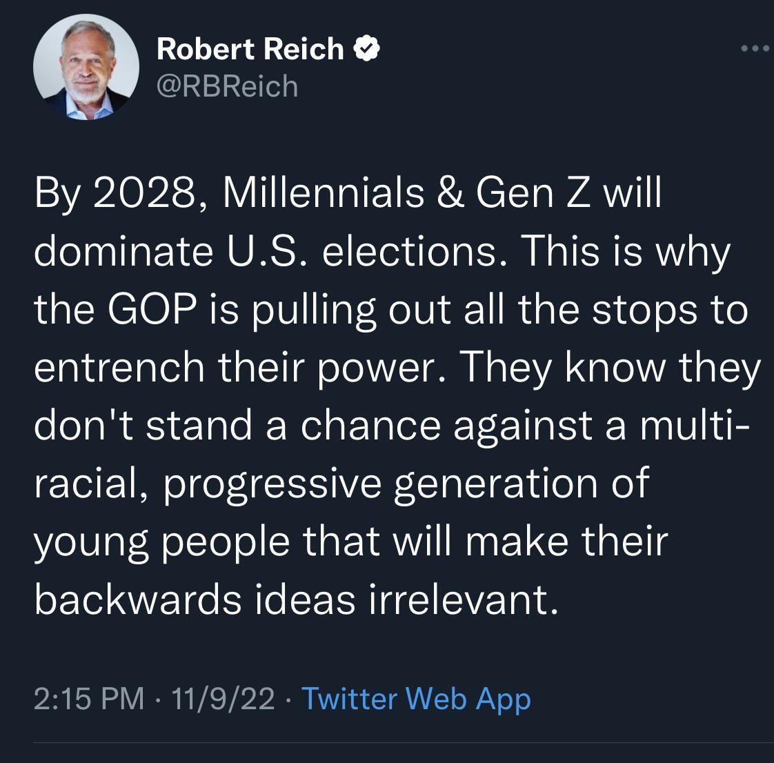 Robert Reich CIERE By 2028 Millennials Gen Z will eleTalI Y CHURS 1 Tor doTa SR N TN ERN51Y the GOP is pulling out all the stops to entrench their power They know they dont stand a chance against a multi racial progressive generation of young people that will make their backwards ideas irrelevant 215 PM 11922 Twitter Web App