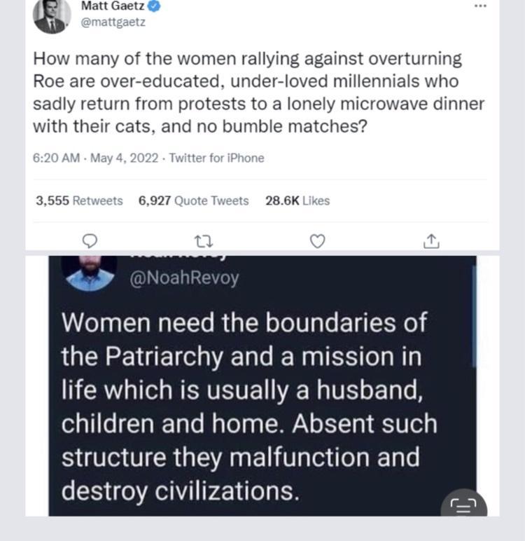 Matt Gaetz How many of the women rallying against overturning Roe are over educated under loved millennials who sadly return from protests to a lonely microwave dinner with their cats and no bumble matches 3555 Ret t 6927 Quote Tweet 286K Lik Women need the boundaries of the Patriarchy and a mission in NERV I WERVEVEL AR VT o g o A children and home Absent such SR GEARENT Gl R1yle destroy civiliza