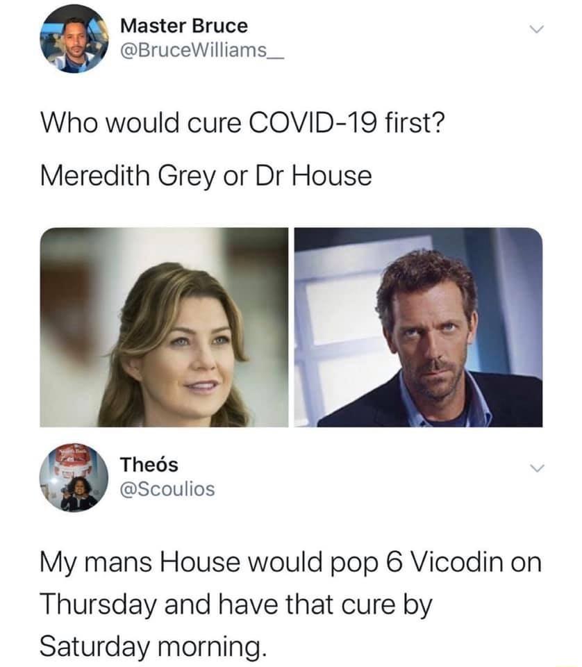 Master Bruce BruceWilliams Who would cure COVID 19 first Meredith Grey or Dr House Thes Scoulios My mans House would pop 6 Vicodin on Thursday and have that cure by Saturday morning