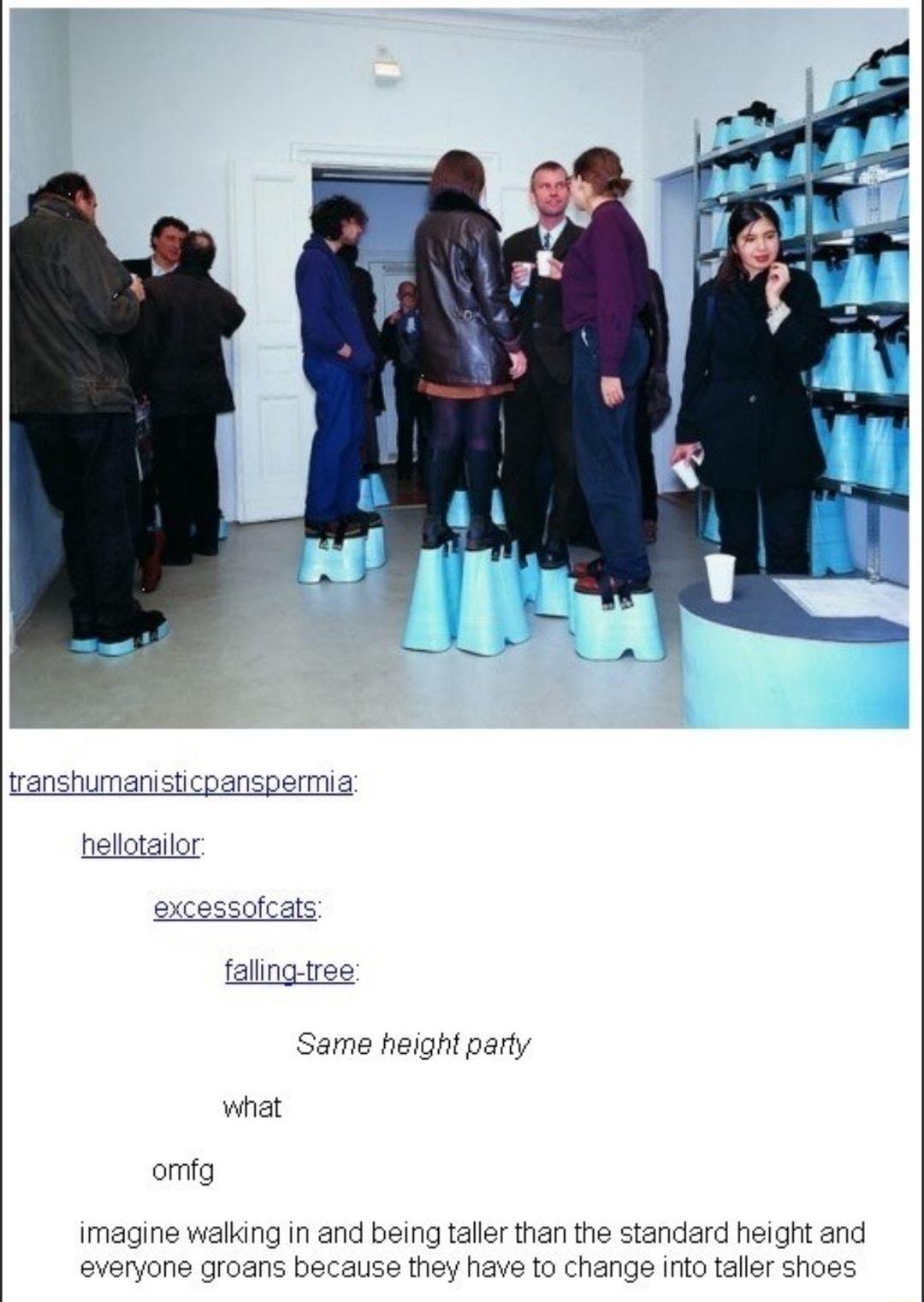 ranshumanisticpanspermia otailor essofcats faling tree Same height party what omfg imagine walking in and being taller than the standard height and everyone groans because they have to change into taller shoes