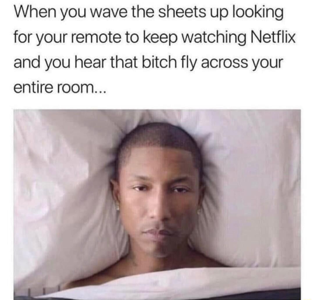 When you wave the sheets up looking for your remote to keep watching Netflix and you hear that bitch fly across your entire room