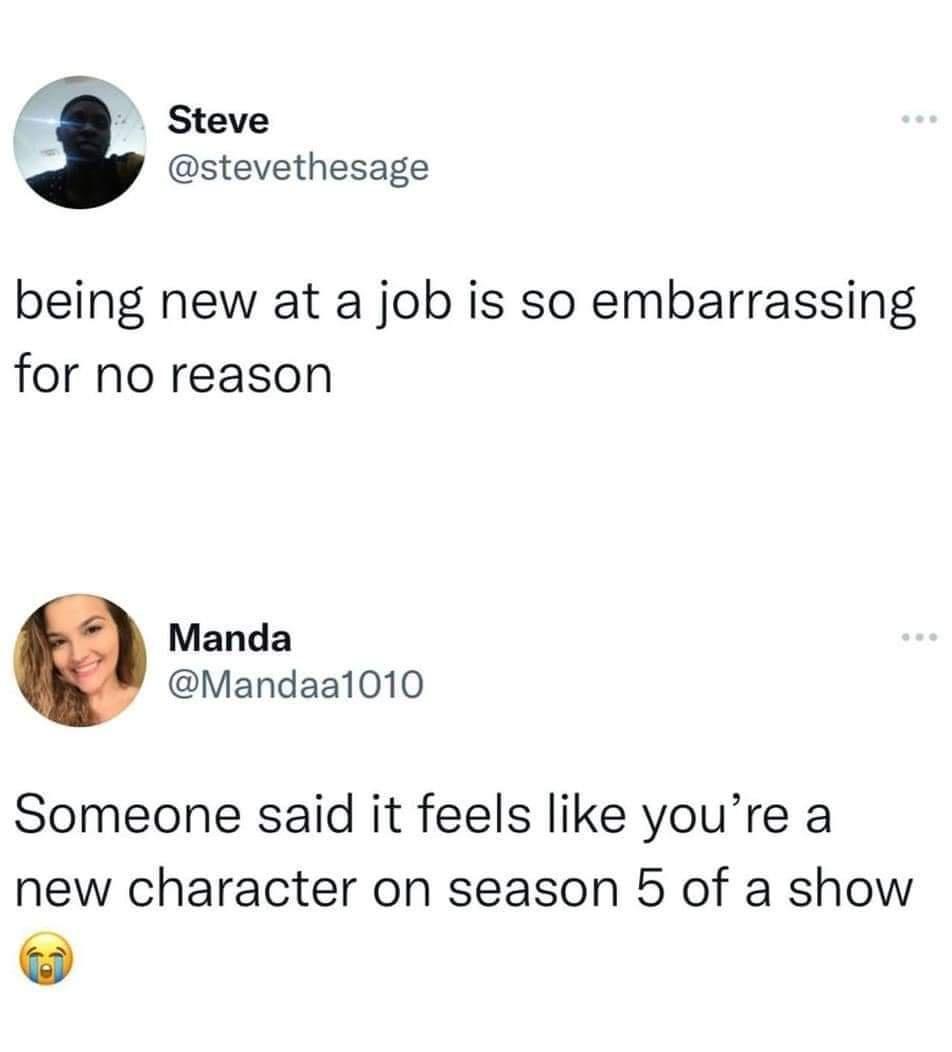 ff Steve stevethesage being new at a job is so embarrassing for no reason Manda Mandaa1010 Someone said it feels like youre a new character on season 5 of a show