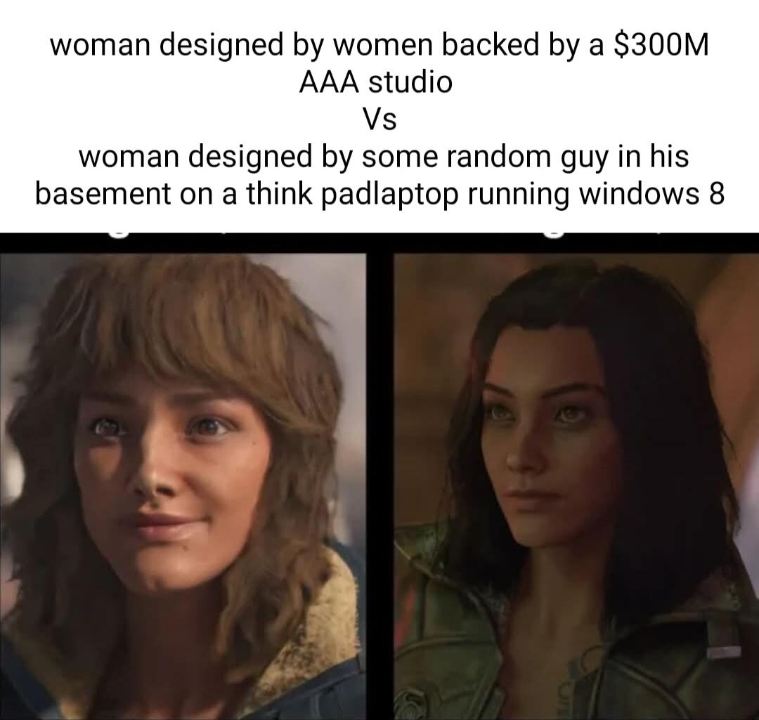 woman designed by women backed by a 300M AAA studio Vs woman designed by some random guy in his basement on a think padlaptop running windows 8