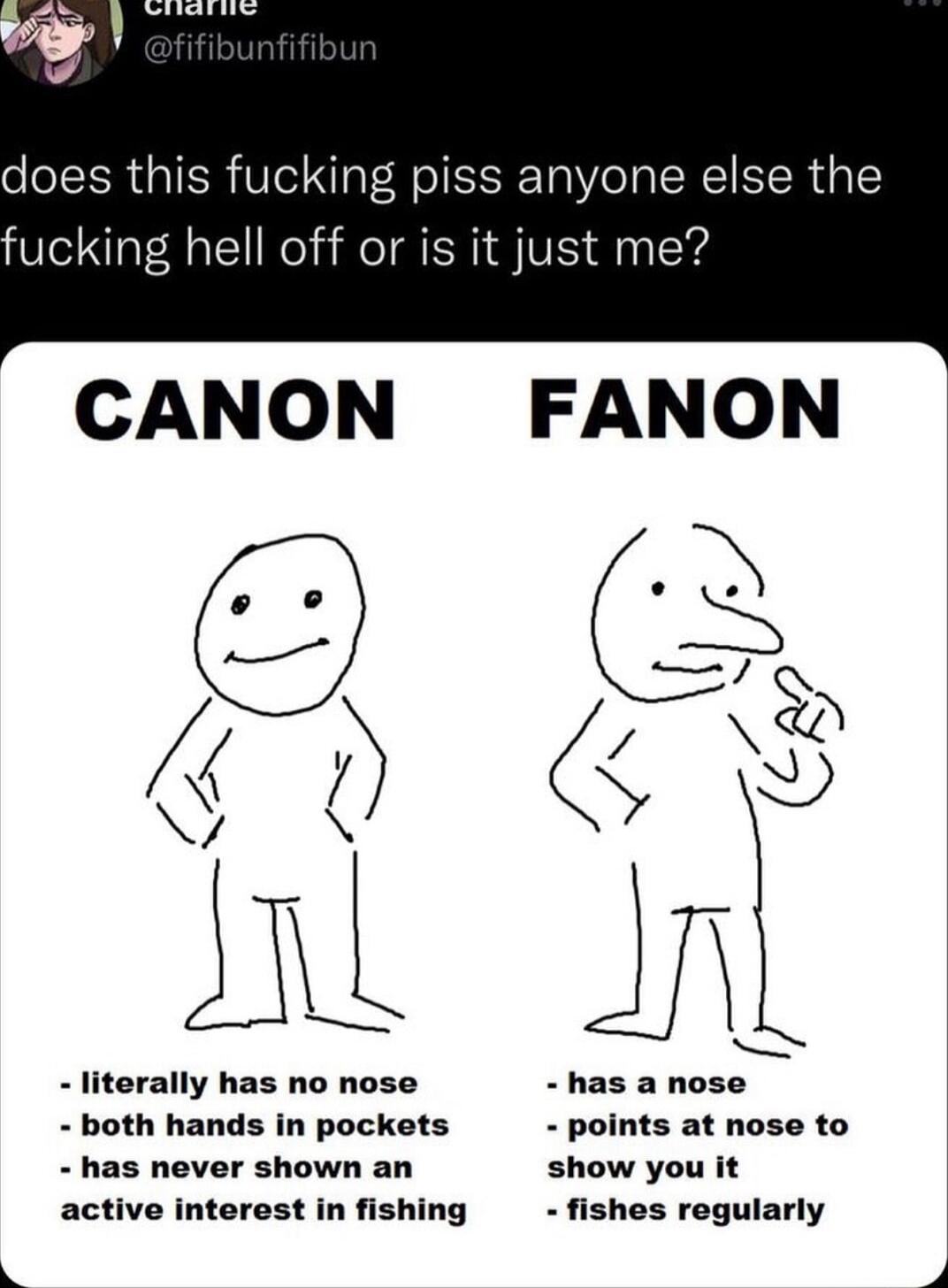 does this fucking piss anyone else the fucking hell off or is it just me CANON FANON L 1 WL SRR Ny N S literally has no nose has a nose both hands in pockets points at nose to has never shown an show you it active interest in fishing fishes regularly