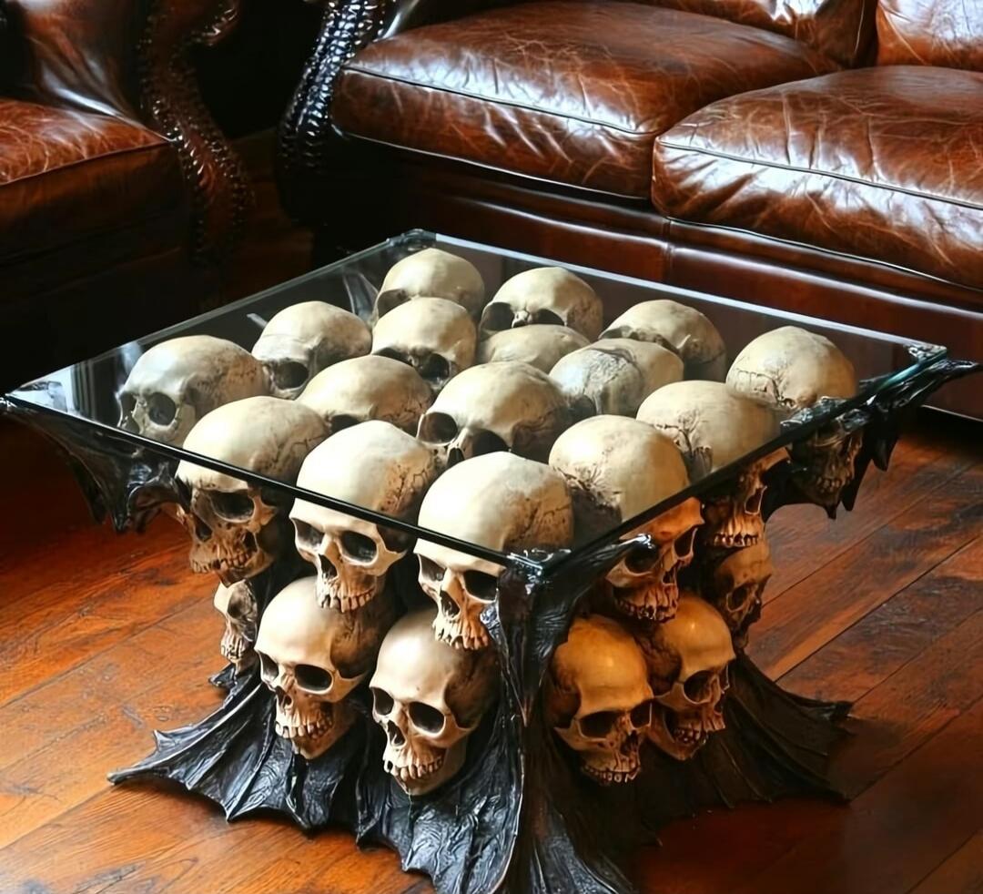 A square glass table with multiple human skulls arranged on and around it, placed on a carved metal stand on a wooden floor, in a living room with a brown leather couch in the background.