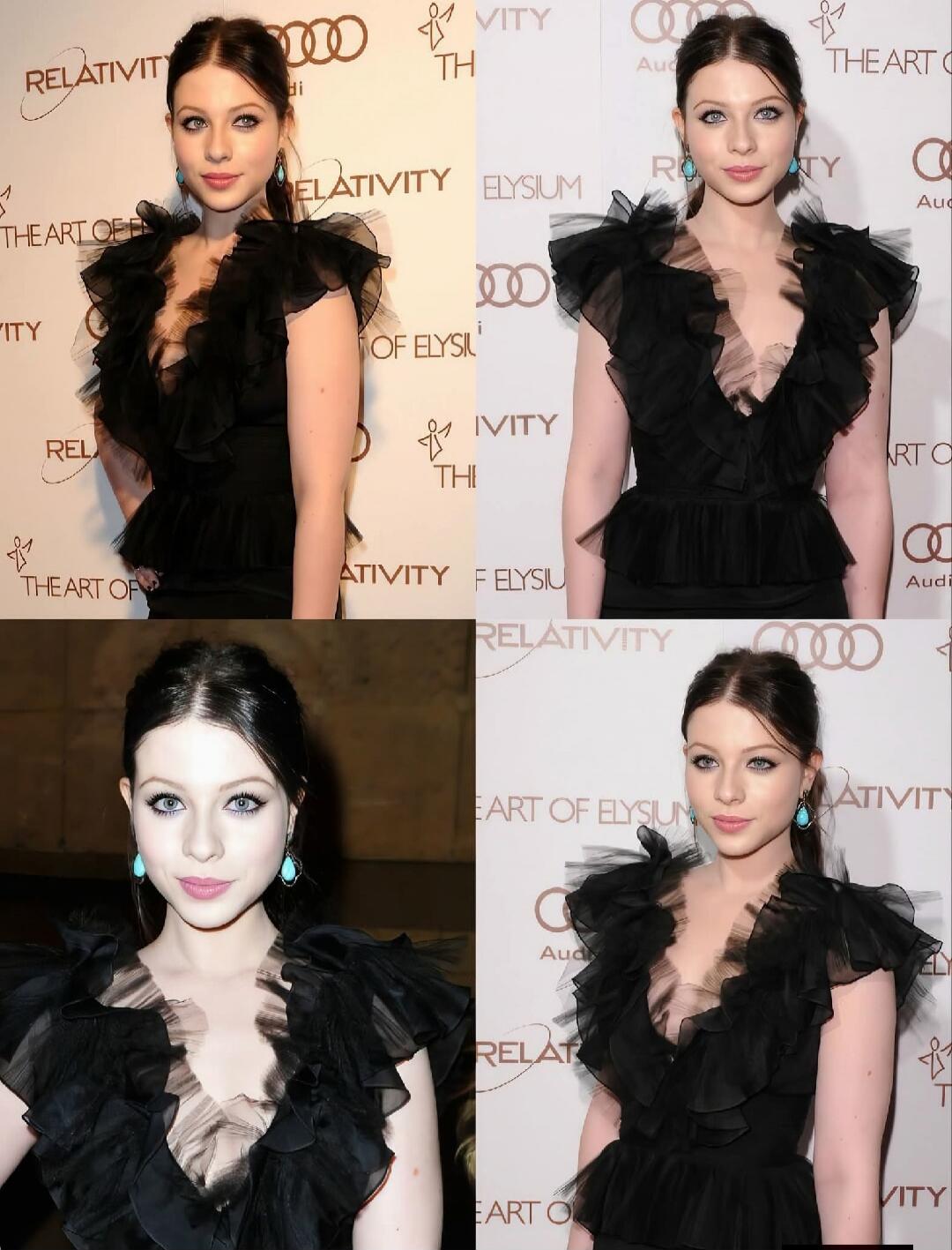 Images show a woman wearing a black ruffled dress with a plunging neckline posing on a red carpet. Background banners include logos such as Relativity and other sponsor logos. No visible text beyond event branding.
