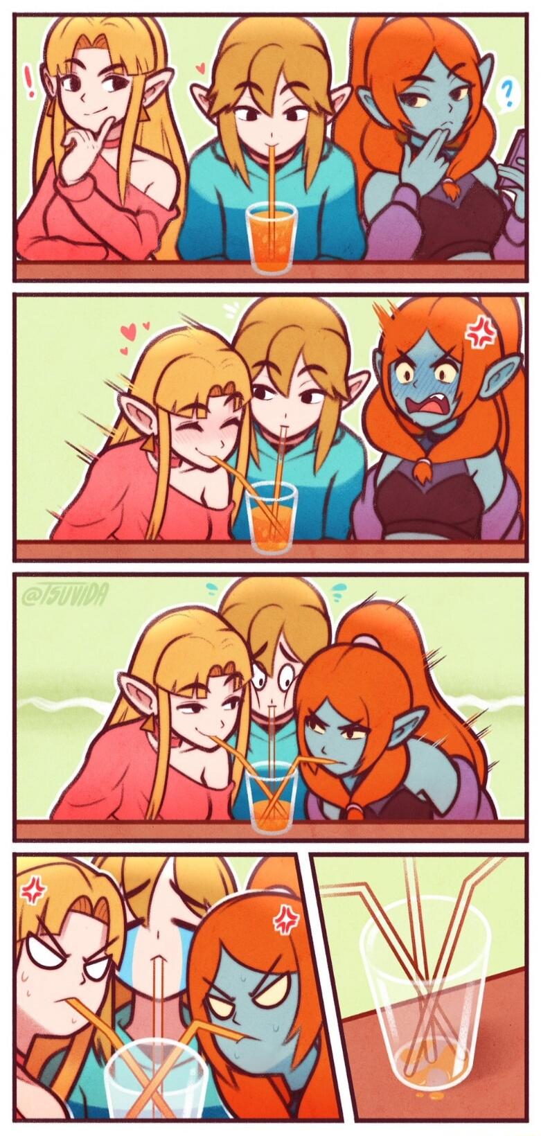A blonde elf girl and a blue-skinned girl compete for the attention of a male elf by sharing his drink. Initially, the blonde girl shares his straw, making the blue-skinned girl angry. Then, both girls aggressively drink from the same glass with multiple straws, leaving the male elf looking overwhelmed and the glass empty.