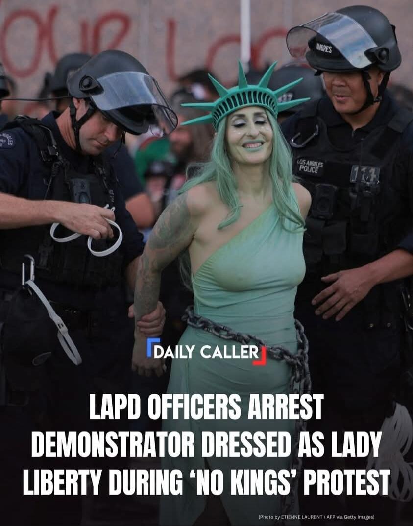 DAILY CALLER LAPD OFFICERS ARREST DEMONSTRATOR DRESSED AS LADY LIBERTY DURING 'NO KINGS' PROTEST LOS ANGELES POLICE AMORES