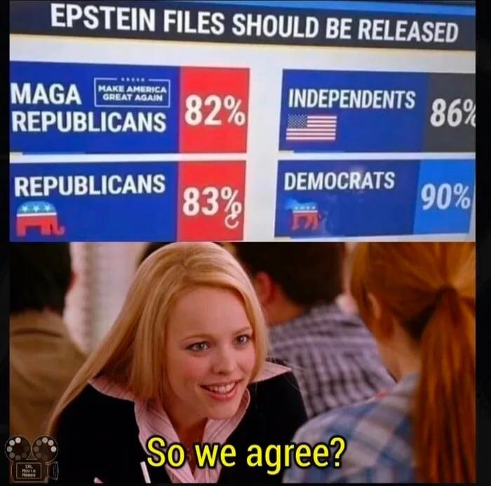 EPSTEIN FILES SHOULD BE RELEASED. MAGA REPUBLICANS 82%. REPUBLICANS 83%. INDEPENDENTS 86%. DEMOCRATS 90%. So we agree?