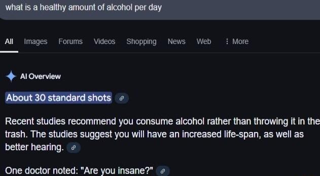 AL images Foums Videos Shoppng MNews Web i Moe NOwew About 30 standard shots Recent studies recommend you consume aicohol rather than throwing tin the trash The studies suggest you wil have an increased life span as well as better hearing One doctor noted Are you insane