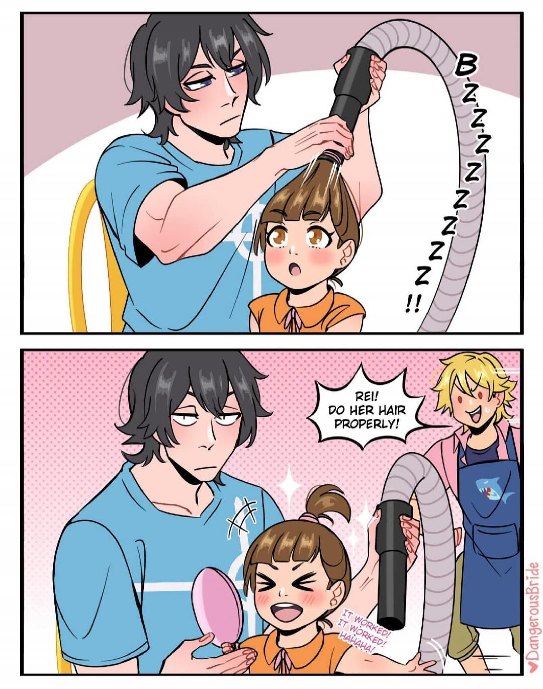 Panel 1: A man uses a vacuum-like device on a girl's hair as she dozes off, with a string of 'Z' indicating snoring. Panel 2: The same man stands with a stern look while another character (a blond person in the background) says, 'REI! DO HER HAIR PROPERLY!' The device is shown again, with the girl reacting, and someone else holding a small mirror.