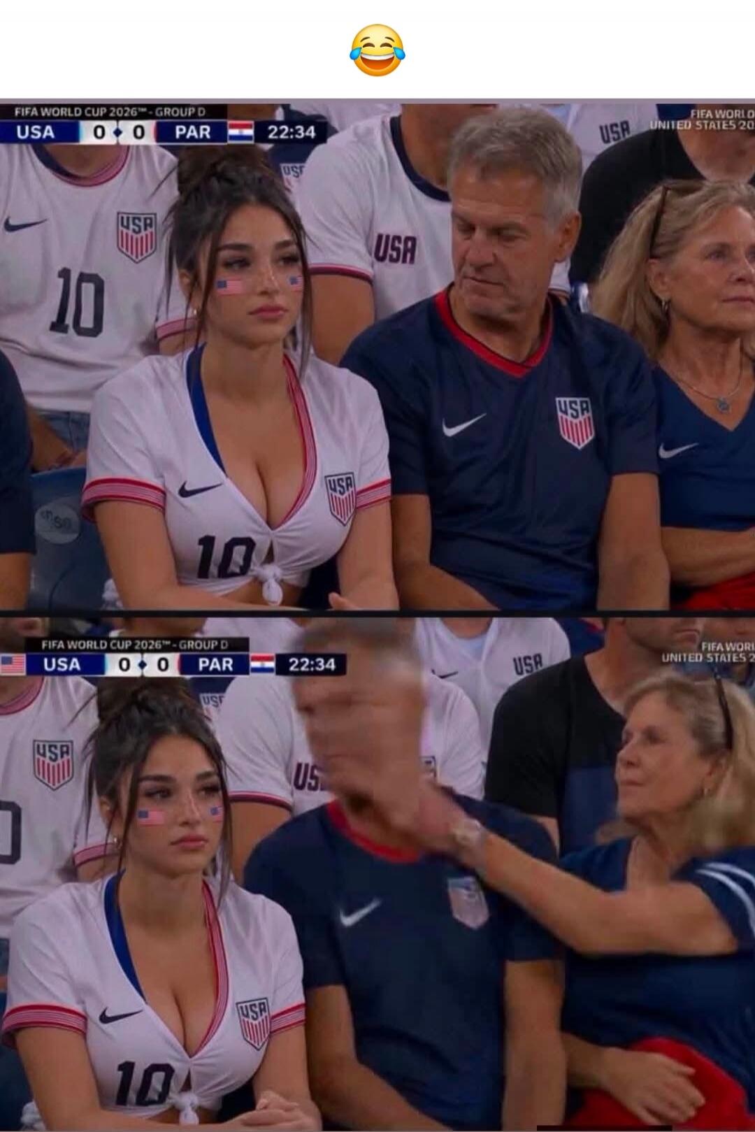 FIFA WORLD CUP 2026 - GROUP D USA 0-0 PAR 22:34. A young woman in a USA soccer jersey with number 10 and face paint, showing deep cleavage. An older man is next to her. In the second frame, an older woman next to the man covers his eyes or turns his head away from the young woman.