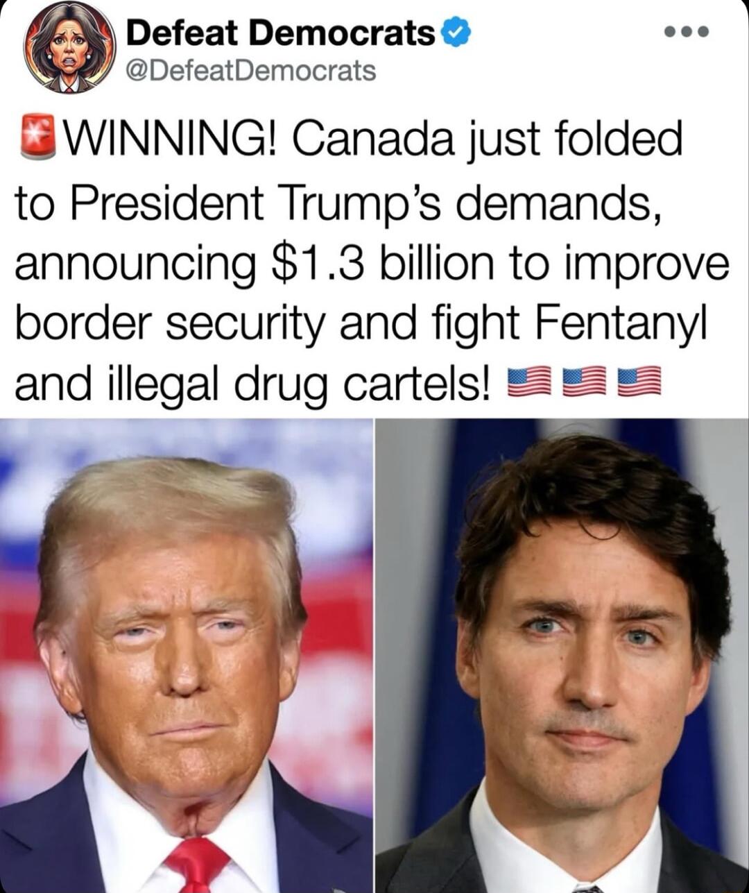 i A 3 Defeat Democrats ose 8P DefeatDemocrats WINNING Canada just folded to President Trumps demands announcing 13 billion to improve border security and fight Fentanyl and illegal drug cartels s