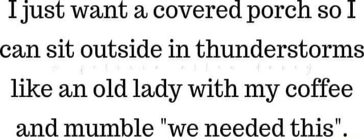 1just want a covered porch so 1 can sit outside in thunderstorms like an old lady with my coffee and mumble we needed this