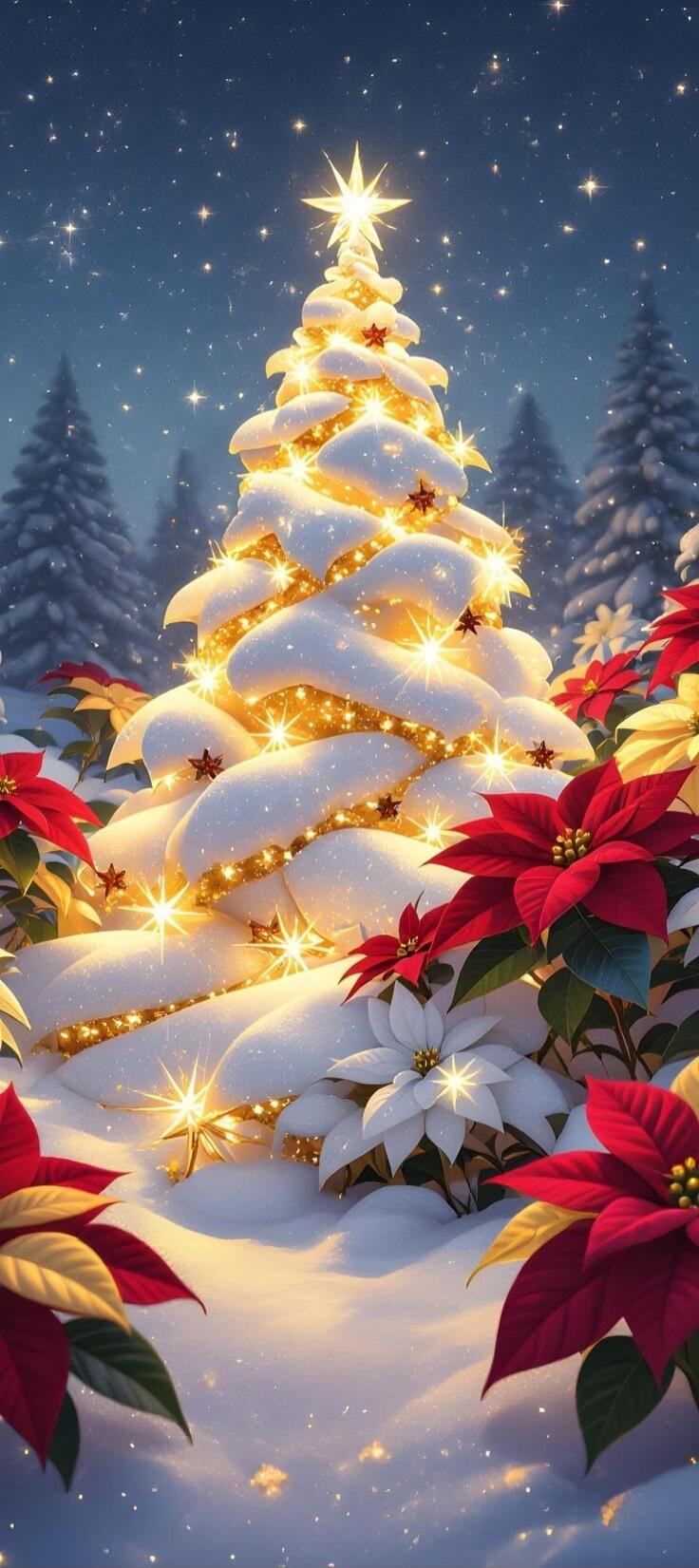 A festive Christmas scene featuring a snow-covered Christmas tree wrapped in warm golden lights, topped with a bright star, surrounded by red and white poinsettias and a snowy, starry background.
