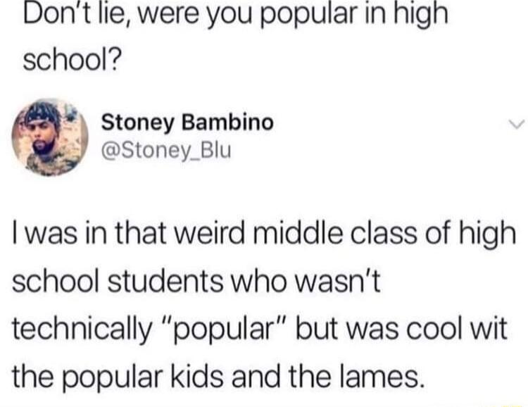Dont lie were you popular in high school Stoney Bambino 2 Stoney_Blu was in that weird middle class of high school students who wasnt technically popular but was cool wit the popular kids and the lames
