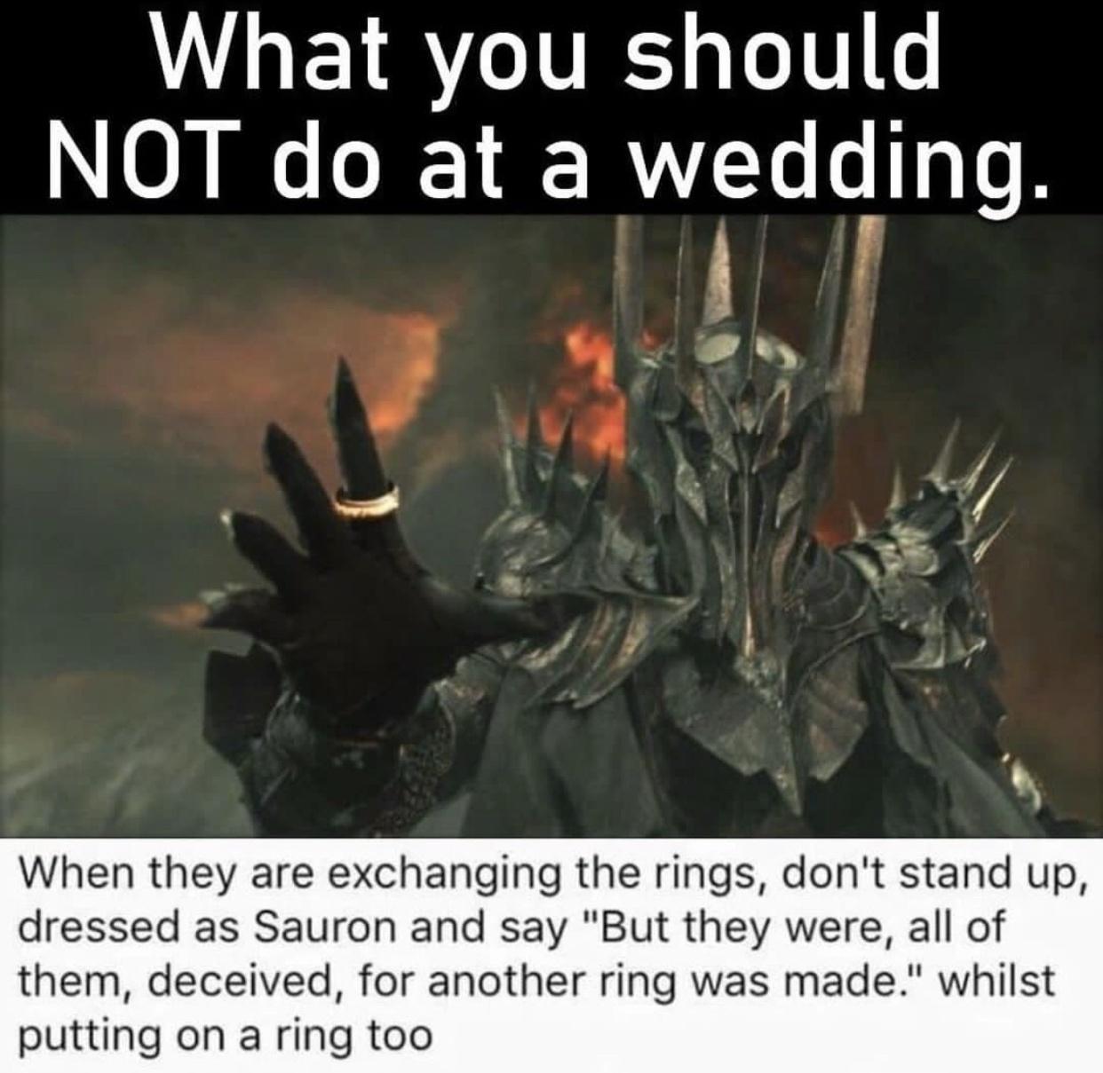 What you should NOT do at a wedding o When they are exchanging the rings dont stand up dressed as Sauron and say But they were all of them deceived for another ring was made whilst putting on a ring too