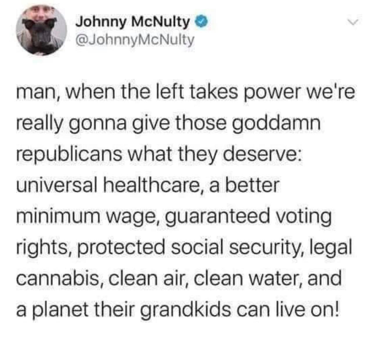 Johnny McNulty JohnnyMcNulty man when the left takes power were really gonna give those goddamn republicans what they deserve universal healthcare a better minimum wage guaranteed voting rights protected social security legal cannabis clean air clean water and a planet their grandkids can live on