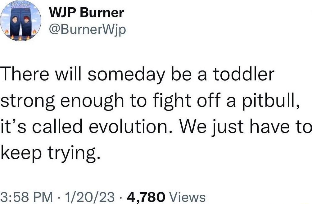 WIP Burner SN BurnerWjp There will someday be a toddler strong enough to fight off a pitbull its called evolution We just have to keep trying 358 PM 12023 4780 Views