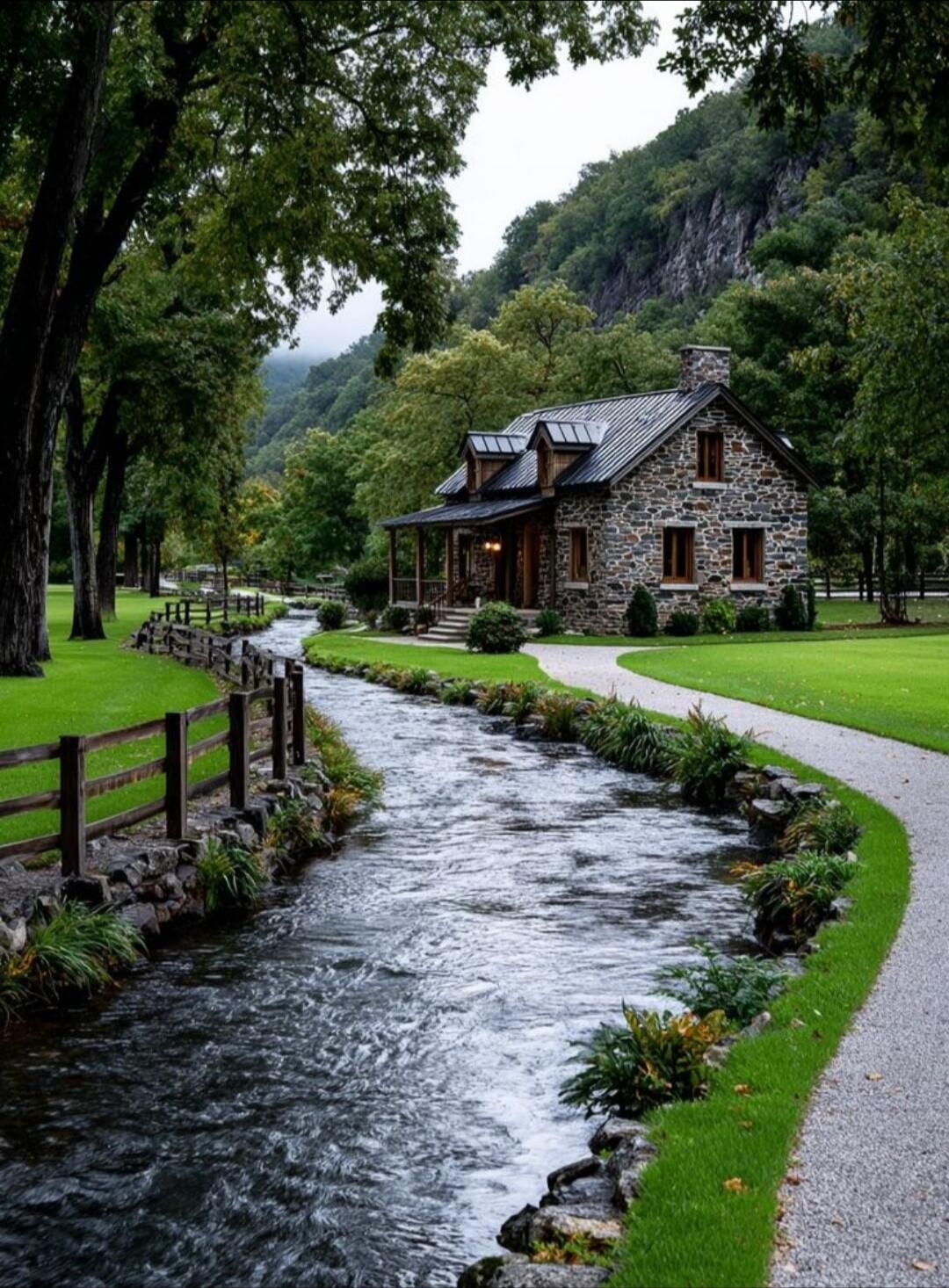A stone cottage by a stream with a gravel path and green lawn in a park-like setting.
