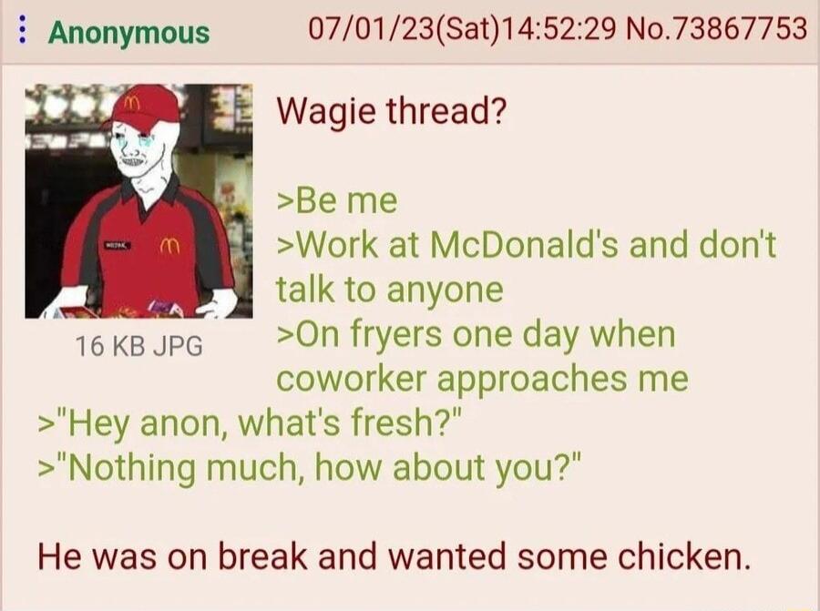i Anonymous 070123Sat145229 No73867753 Wagie thread Be me Work at McDonalds and dont 2 talk to anyone T 0n fryers one day when coworker approaches me Hey anon whats fresh Nothing much how about you He was on break and wanted some chicken