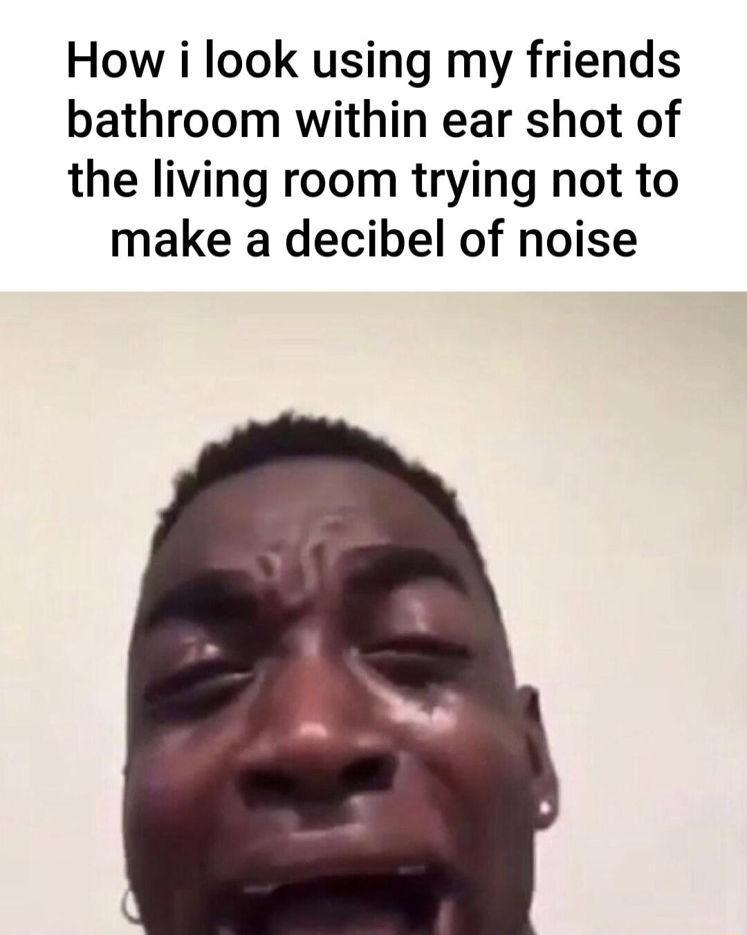 How i look using my friends bathroom within ear shot of the living room trying not to make a decibel of noise