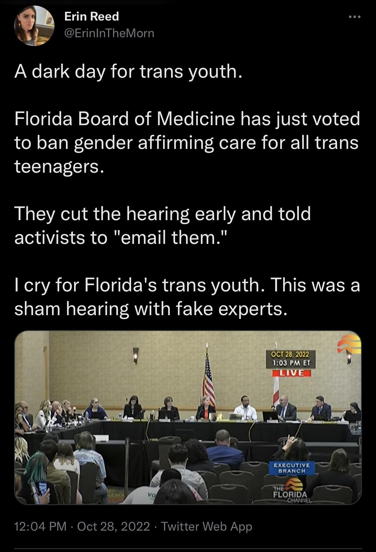 Erin Reed i ErininTheMorn A dark day for trans youth Florida Board of Medicine has just voted to ban gender affirming care for all trans QCEUEECTCR They cut the hearing early and told ECIVE R ETRGET R I cry for Floridas trans youth This was a FUETN EETR RV G R EUCRGIEIR R 1204 PM Oct 28 2022 Twitter Web App