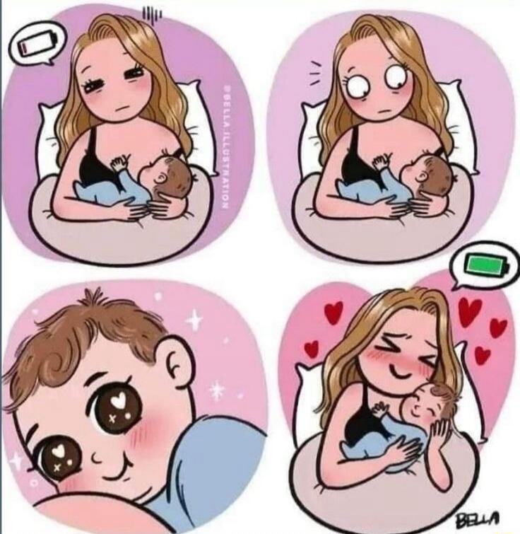 A four-panel comic strip illustrates the experience of breastfeeding. Initially, the mother appears exhausted with a low battery icon. As the baby feeds and looks content, the mother's energy is restored, and she becomes happy and full of love, indicated by a full battery icon and hearts. Text on image: @BELLA.ILLUSTRATION, BELLA.