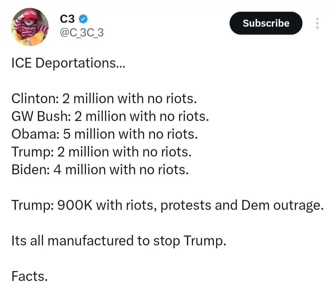 ICE Deportations... Clinton: 2 million with no riots. GW Bush: 2 million with no riots. Obama: 5 million with no riots. Trump: 2 million with no riots. Biden: 4 million with no riots. Trump: 900K with riots, protests and Dem outrage. Its all manufactured to stop Trump. Facts.