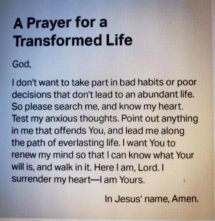 A Prayer for a Transformed Life

God,

I don't want to take part in bad habits or poor decisions that don't lead to an abundant life. So please search me, and know my heart. Test my anxious thoughts. Point out anything in me that offends You, and lead me along the path of everlasting life. I want You to renew my mind so that I can know what Your wi