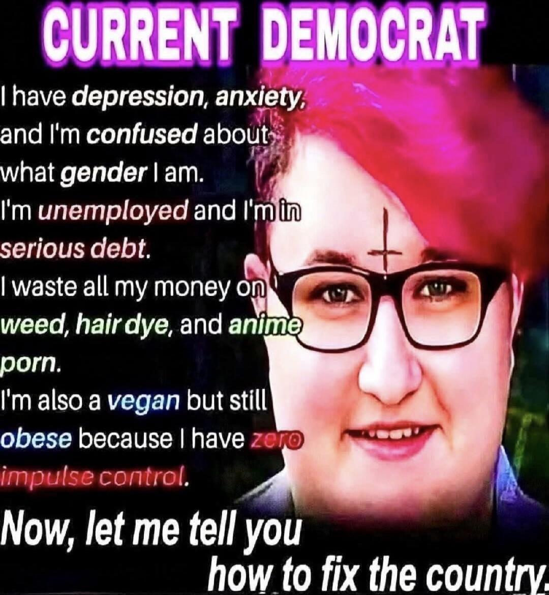 CURRENT DEMOCRAT I have depression, anxiety, and I'm confused about what gender I am. I'm unemployed and I'm in serious debt. I waste all my money on weed, hair dye, and anime porn. I'm also a vegan but still obese because I have zero impulse control. Now, let me tell you how to fix the country.