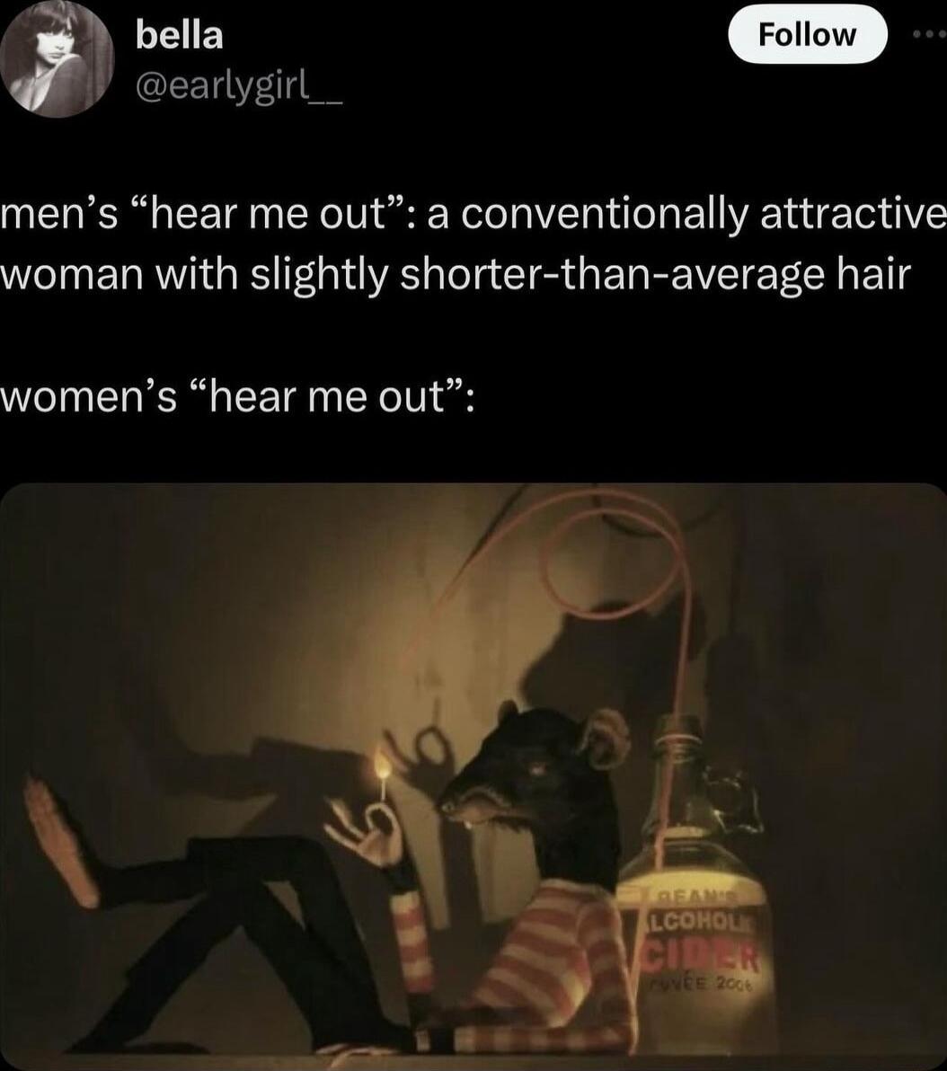 Qo CEET mens hear me out a conventionally attractive woman with slightly shorter than average hair womens hear me out