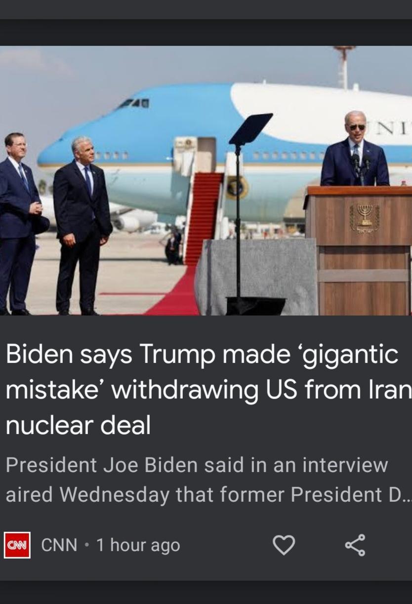 I T i Biden says Trump made gigantic mistake withdrawing US from Iran nuclear deal President Joe Biden said in an interview aired Wednesday that former President D o CNN 1 hour ago