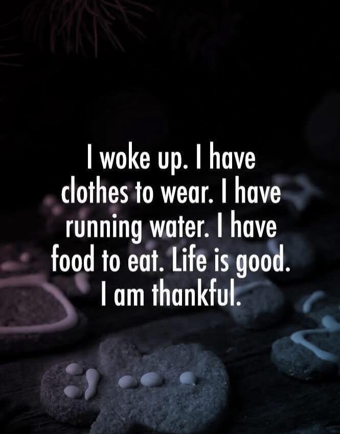 I woke up. I have clothes to wear. I have running water. I have food to eat. Life is good. I am thankful.
